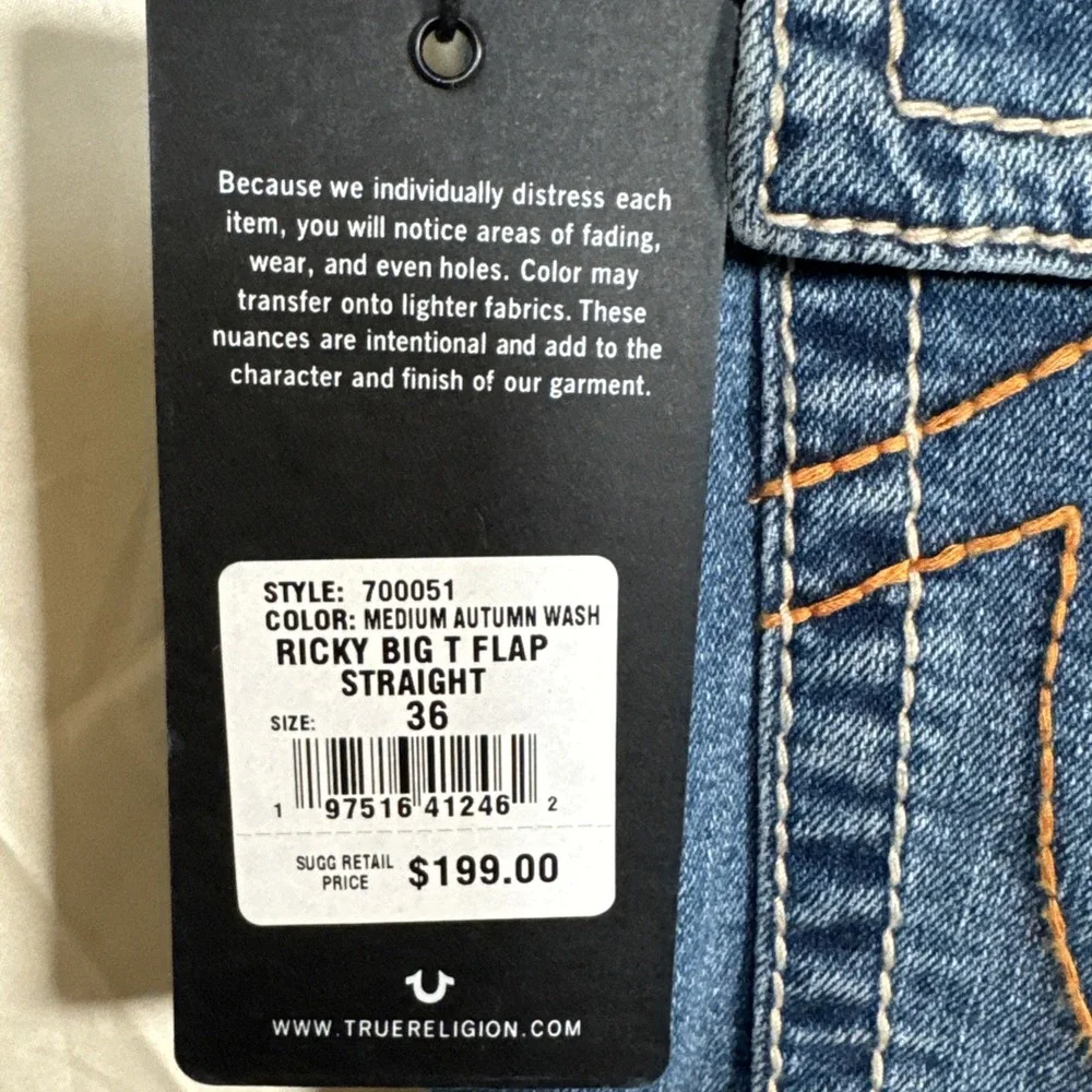 True Religion Ricky Relaxed Straight Jeans Men's W36 L34 Flap‎ Pocket NWT
